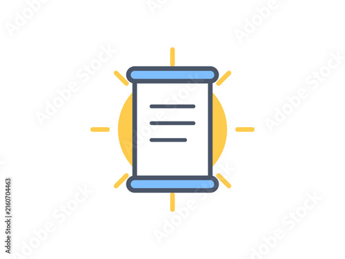 A minimalist flat icon featuring a document scroll placed in front of a glowing yellow sunburst background element