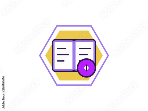 An open book icon centered within a yellow hexagon with a purple circular indicator featuring a vertical diamond shape