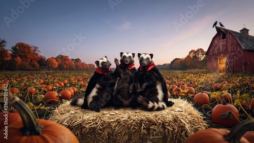 Black cats sitting on hay bale in autumn pumpkin field beside a red barn