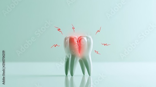 Cracked tooth with glowing red pain area representing toothache, dental sensitivity, damage and oral health problems.
