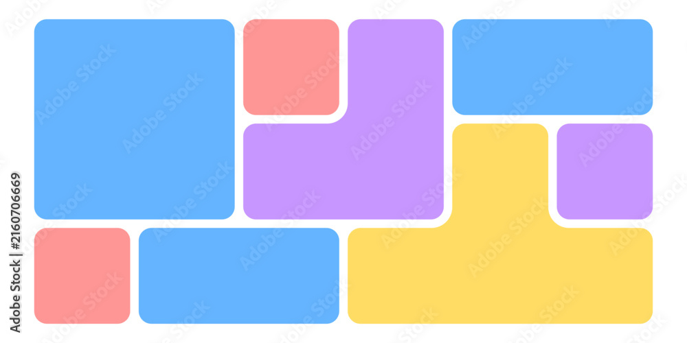 Fototapeta premium Colorful Collage Bento Grid Vector Layout with Abstract Rounded Geometric Block, Vibrant bento grid or collage with multi colors colors, bento pattern or frame design