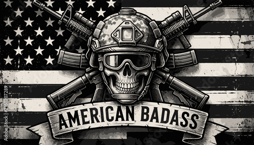 Skull Wearing Military Helmet with Crossed Rifles American Badass Banner