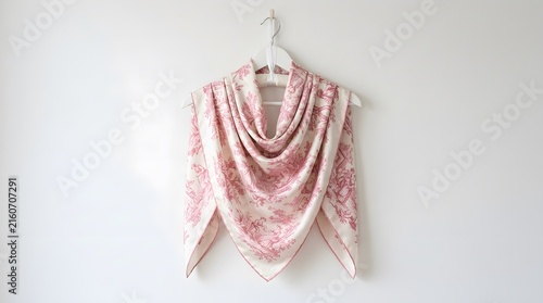 Floral silk scarf hanging on a white hanger against a minimalist wall background