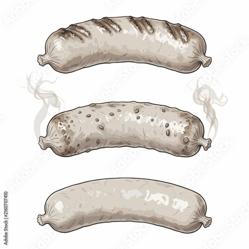 Three Smoking Sausages Illustrated in Sepia Tone with Wisps of Smoke