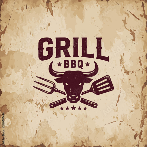 Vintage Barbecue Grill Logo on Textured Paper Background
