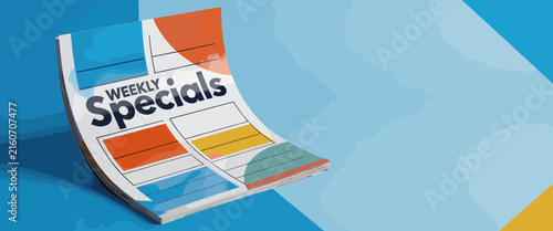 Weekly Specials Flyer Curled on Colorful Geometric Background