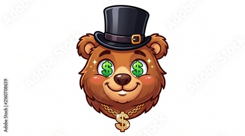 Rich cartoon bear head with dollar sign eyes, top hat, and gold chain necklace isolated on white background
