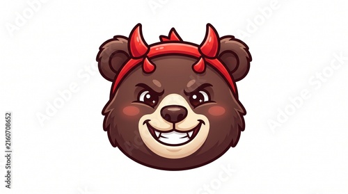 Cute angry devil bear head cartoon mascot with red horns and wicked smile isolated on white background