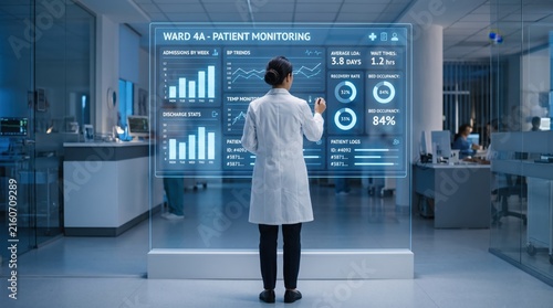 Female doctor monitoring patient ward statistics on transparent dashboard, analyzing admission trends and bed occupancy rates in modern hospital management system.