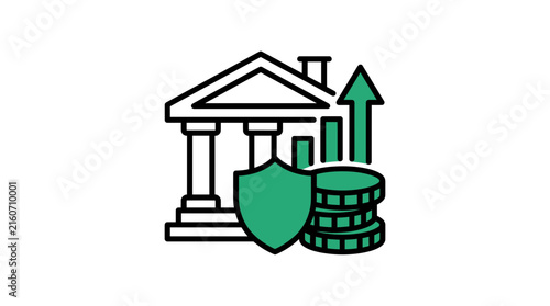 Bank building icon with shield and coins.