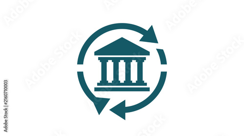 Bank building icon with circular arrows representing financial cycles.