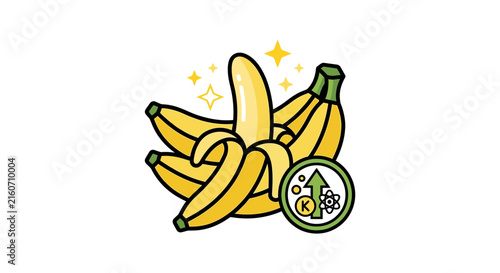 Banana bunch with potassium health icon and growth arrow.