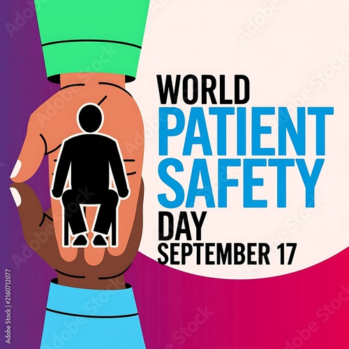 World patient safety day concept vector illustration graphic banner featuring healthcare hands and patient symbol