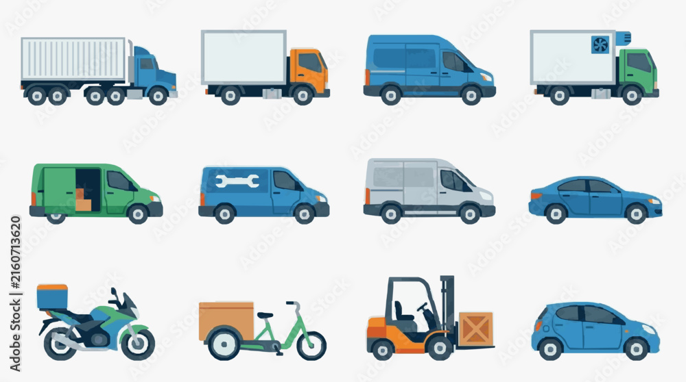 Fototapeta premium Professional of Diverse Delivery and Logistics Vehicles in Bright Colorful Designs with high quality professional line art symbols for modern creative design and digital branding projects