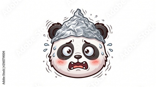 Panicked Cute Panda Wearing Tin Foil Hat Vector Illustration Isolated on White Background