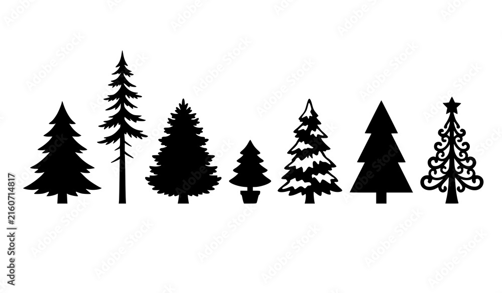 Obraz premium Christmas Tree and Pine Tree Black Silhouette Vector Collection with Minimal Evergreen Icons for Holiday Decoration Designs
