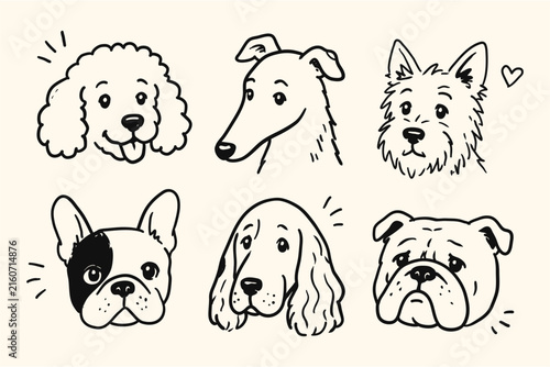 Cute hand drawn different dog breeds face avatar set vector illustration