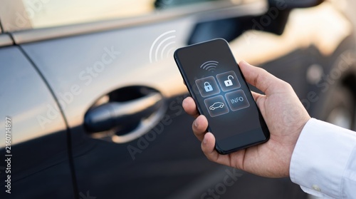Close-up of hand holding smartphone displaying car control interface with lock unlock and info buttons, communicating wirelessly with vehicle door handle for smart access.