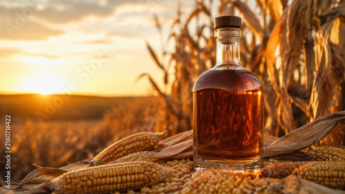 Bottle of bourbon with corn showing an amber bottle and corn cobs overlooking a sunset landscape