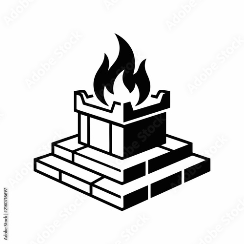 Altar with a burning fire flame is depicted as a black and white vector icon.