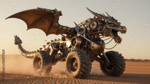 Mechanical Dragon Robot in Desert Landscape with Dust Clouds