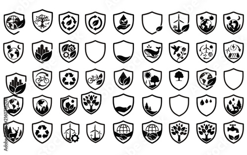 Collection of shield shaped icons depicting environmental and industrial concepts
