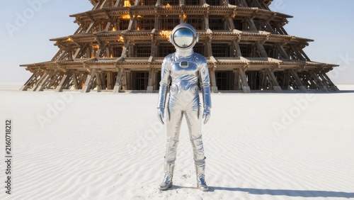 Astronaut in Silver Suit Standing in Front of Unique Sculpture