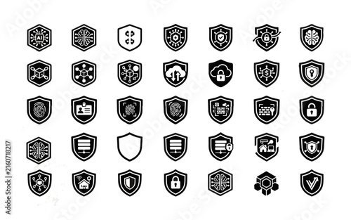 Security icons collection grayscale flat design on black background