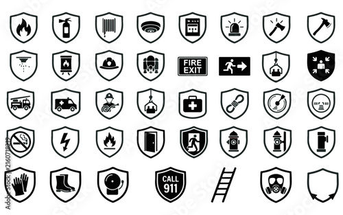 Collection of safety icons within shield shapes on a dark background