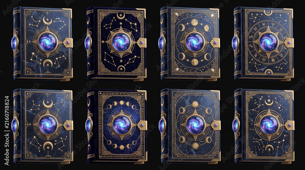 A commercial 3D graphic asset sheet presenting an organized grid of eight unique fantasy astronomical spellbooks