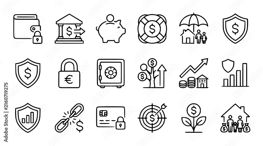 Fototapeta premium Personal financial security icon set with savings insurance investment wealth and money protection symbols