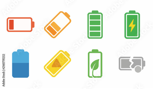 Battery Status Charging and Power Indicator Flat Vector Icon Set