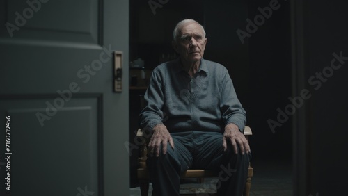 Elderly man sitting alone in a dim room with a thoughtful expression