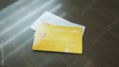 Digital banking decisions, multiple credit cards assortment s on workplace desk. credit financial concept.