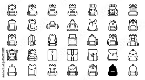 Backpack and Travel Bag Line Icon Set Featuring School Rucksack Hiking Packs Duffel Satchel Drawstring Luggage Outdoor Adventure Equipment Vector Symbols
