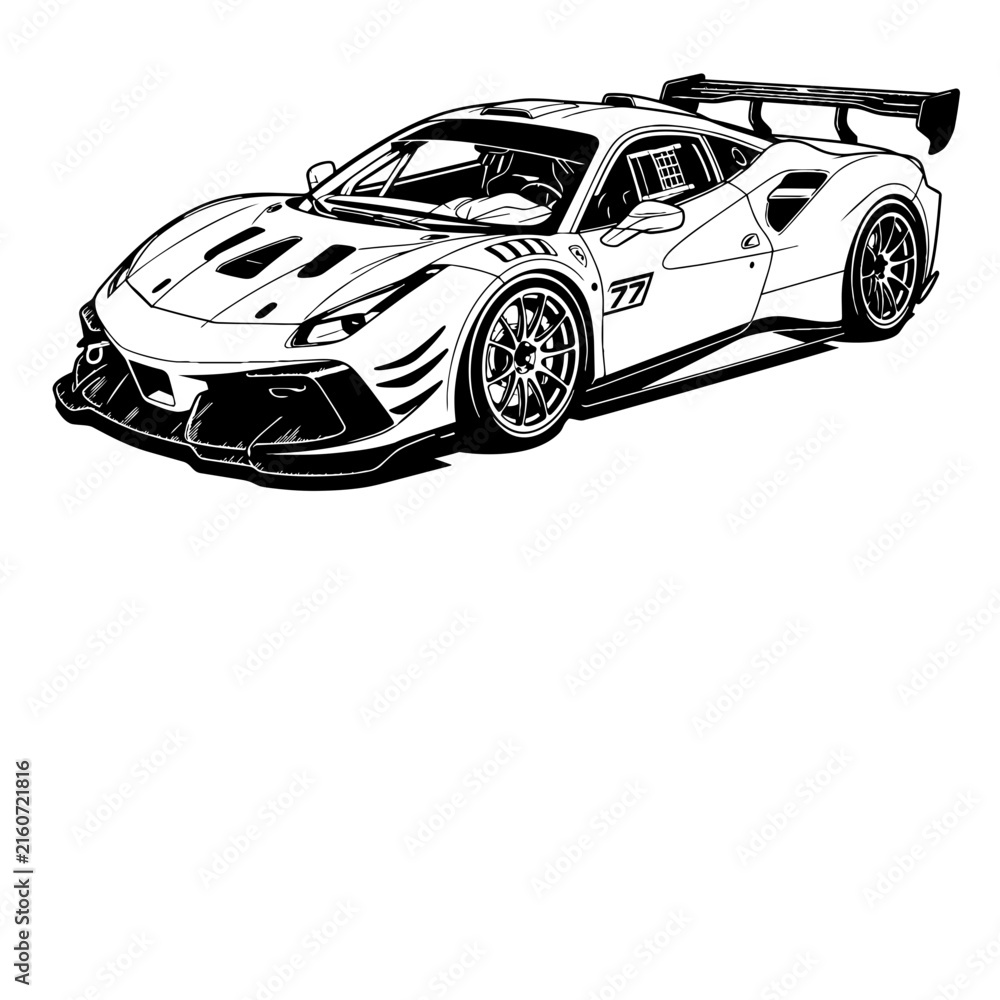 Fototapeta premium Sports car vector illustration, black and white racing vehicle line art graphic design.
