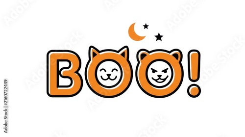 Halloween Boo typography with cute cat faces, orange spooky holiday lettering, festive feline character design for seasonal greeting cards