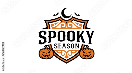 Spooky Season Halloween badge, vintage crest with pumpkins and bats. Retro orange and black holiday emblem for autumn events.