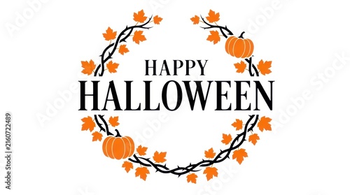 Happy Halloween greeting card with pumpkin wreath, autumn leaf border on white background, seasonal holiday celebration graphic