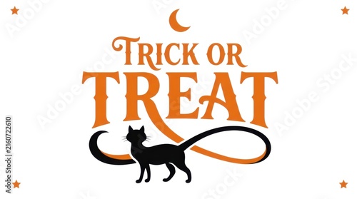 Vintage Trick or Treat Halloween typography, orange and black festive lettering with black cat silhouette, spooky seasonal holiday card design