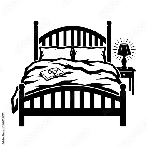 Obraz na plátně Black and white line drawing of a bedroom bed with nightstand lamp