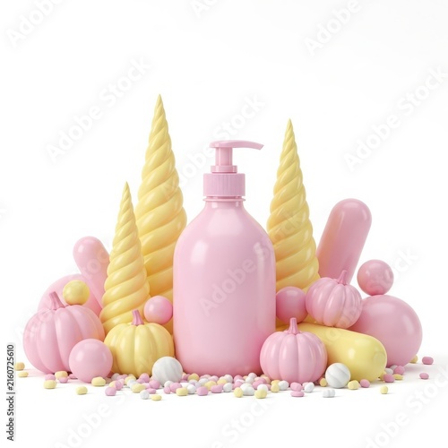 Pink and gold soap bottle with floral design isolated on white background