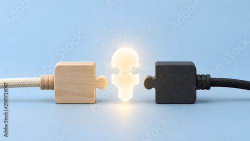 Puzzle Connectors Powering Up Glowing Jigsaw Light Bulb Innovation Concept