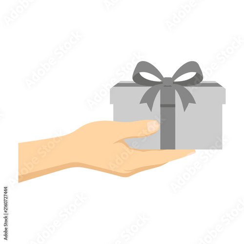 Hand holding gray gift box with ribbon bow