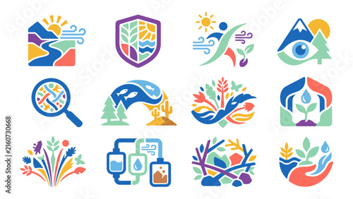 Collection of colorful environmental icons representing nature conservation sustainability and ecological awareness