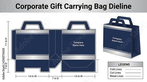 Corporate gift carrying bag dieline with dimensions and fold line instructions
