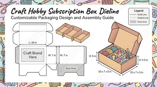 Craft hobby subscription box dieline template for packaging design and assembly