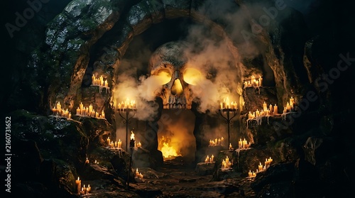 Mystical skull cave entrance with glowing candles, dark fantasy stone cavern with smoke, cinematic ritual altar background