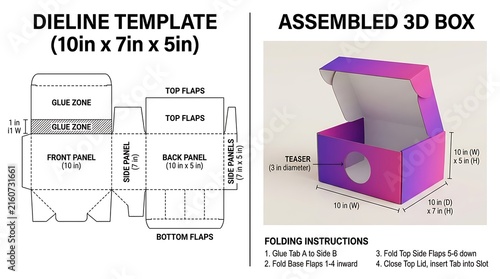 Custom cardboard packaging box dieline template with assembly instructions and 3d preview