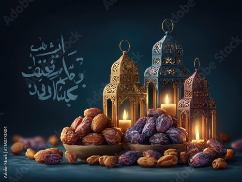 Ramadan Kareem lanterns with dates and candles.